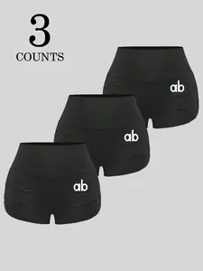 Women's High Waist Sporty Shorts Set, Letter Print Leopard Camo Yoga Pants, Elastic Tight Fit Gym Shorts, Casual Style, 3 Pack