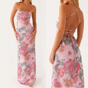 Women Floral Tube Maxi Dress Y2k Strapless Backless Mesh Long Bodycon Dresses Formal Cocktail Party Sundress