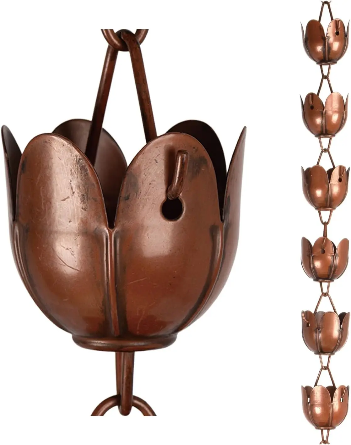 6ft Antique Copper Rain Chain - Gutter Replacement with 17 Large Lotus Shape Copper Cups, Downspout Mount, Decorative Outdoor Drainage Eaves Rain Catcher