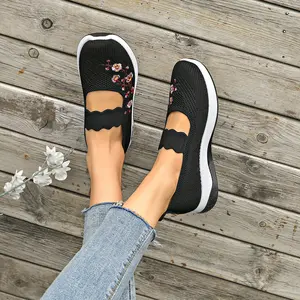 Women's Slip-On Knit Mesh Embroidered Flats| Breathable Comfortable Walking Shoes with Floral Design & Non-Slip Sole for Daily Casual Wear