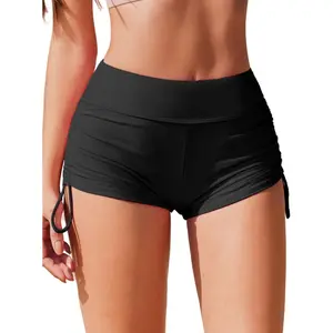 Womens 3" Swim Board Shorts High Waisted Bathing Suit Bottoms Boy Shorts Adjustable Ruched Side Bikini Shorts S-XXL