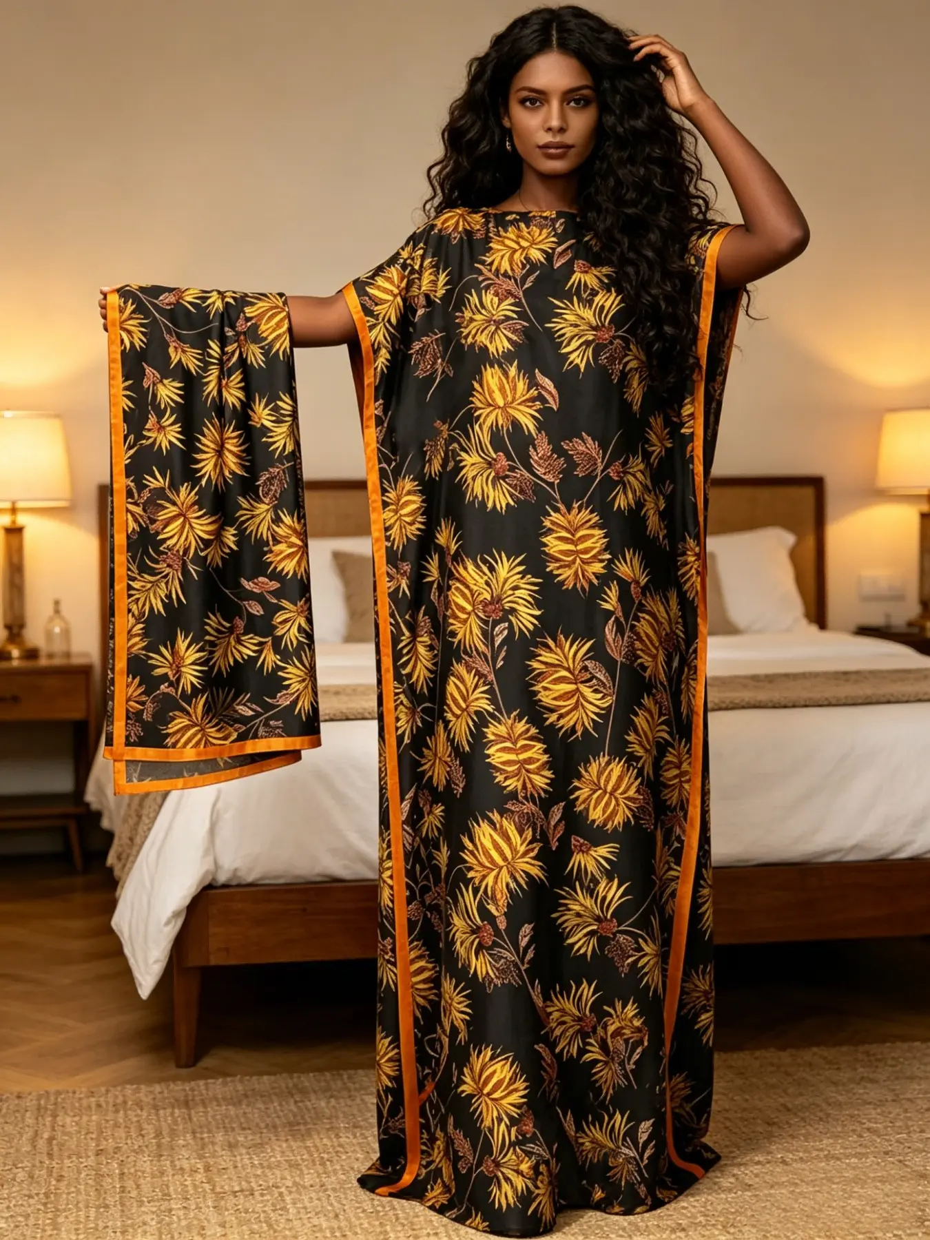Women's Boho Long Kaftan Dress Set with Scarf, Sunflower Print, Loose Fit, All-Over Print, Casual Party Wear, Lightweight Luxury Style
