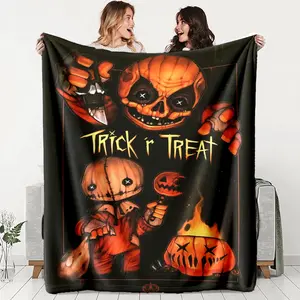 Halloween Trick R Treat Flannel Throw Blanket, Soft Lightweight Warm, Perfect for Bed Sofa Office Camping Travel, Multi-Purpose Gift Idea