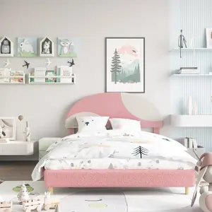 Twin Upholstered Bed Frames with Round Boucle Headboard – Soft Pink & White Platform Bed with Wood Slat Support, No Box Spring Needed, Easy Assembly