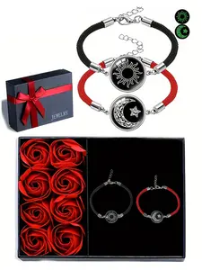 Glow-In-The-Dark Moon Star Couple Bracelets with Rose Gift Box, Handmade Woven Rope, Unisex Friendship Bracelet, High Quality Bracelet, Jewelry Gifts
