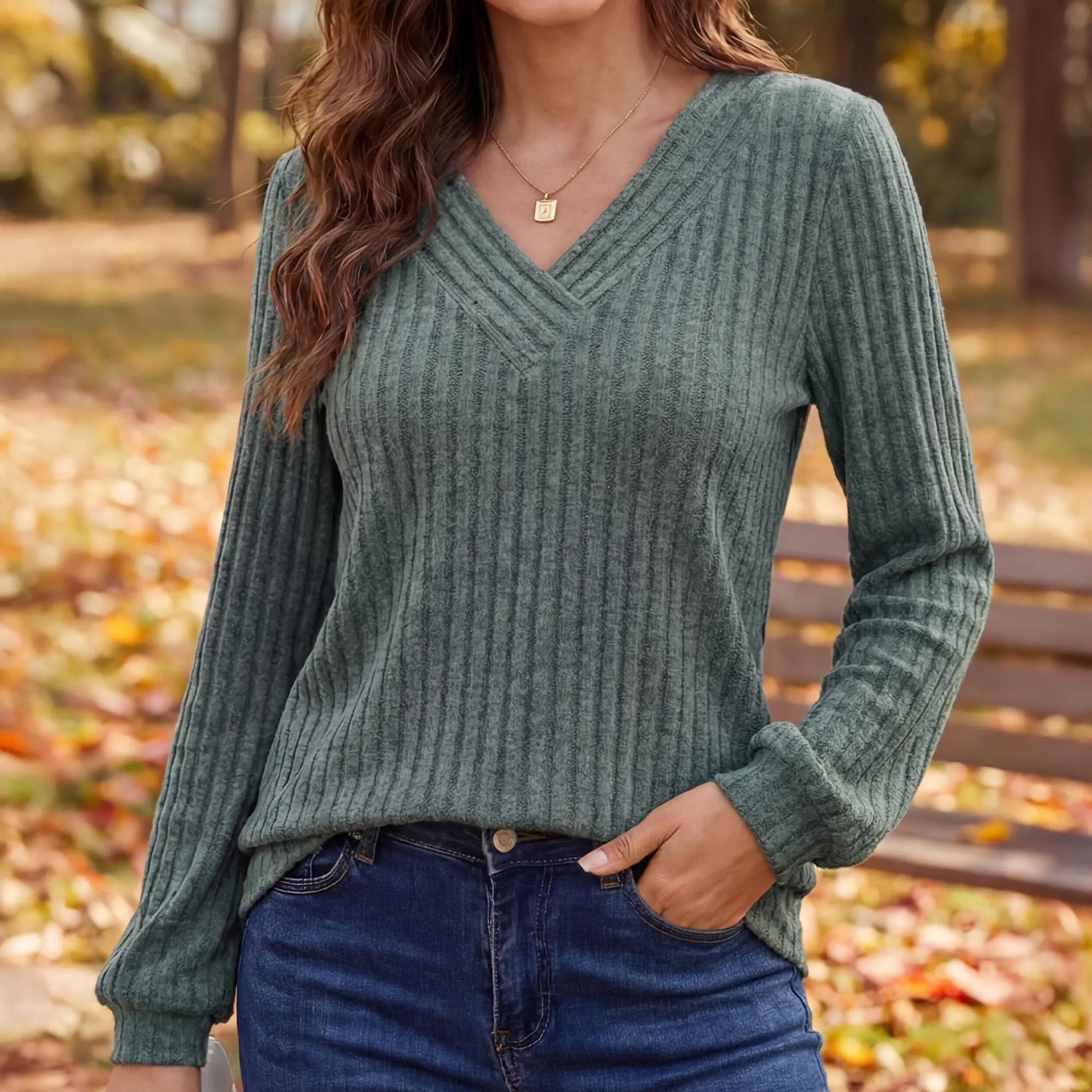 Women's Long Sleeve Shirts Fall V Neck Work Tops Fashion Sweaters Dressy Casual Winter Trendy Blouse
