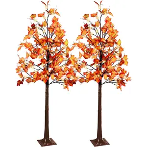 2 Pack 6FT 240LED Fall Lighted Maple Orange Tree Lights Thanksgiving Decoration Artificial Tree Lights USB Powered DIY Table Light for Desktop Autumn Harvest Party Indoor Ourdoor Decor