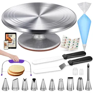 51 count Cake Decorating Kit, 12"  Alloy Cake Turntable, 10 Numbered Icing Tips, Offset and Straight Spatulas, Cake Leveler, Pastry Bags Baking Supplies