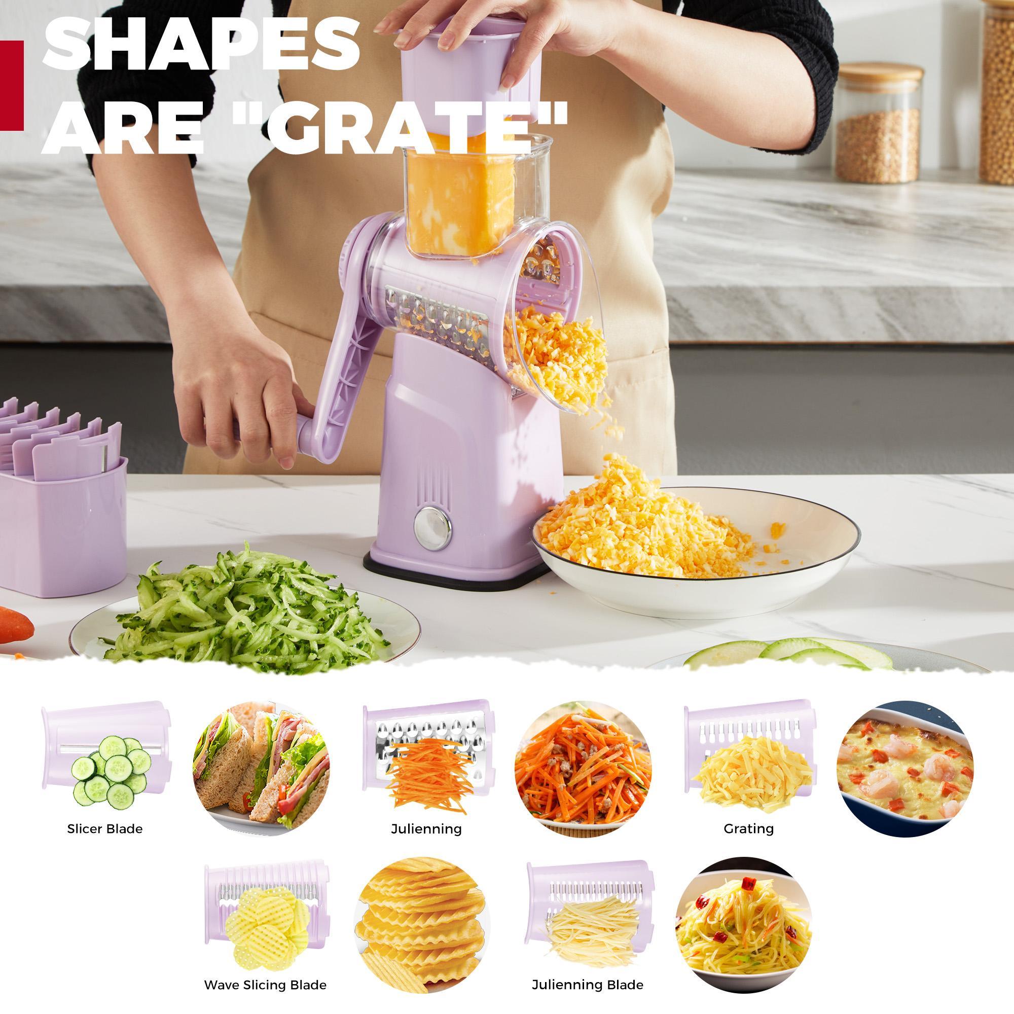 [BF&CM]KitExpert Next-Gen Purple Cheese Grater(Larger&Faster),  5 in 1 Rotary Cheese Grater, Mandoline Slicer, Vegetable Chopper, Pink Kitchen, Mother's Day Gift.