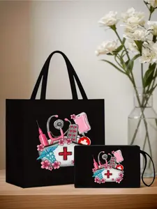 Nurse Themed Tote And Cosmetic Bag Set, Casual Style, Fabric Structure, Fixed Shoulder Strap, Stethoscope, Heart, Syringe, Thermometer Graphic Print,Suitable For Weddings, Birthdays, Beaches, And Holidays, It Is The Best Gift For Family And Friends