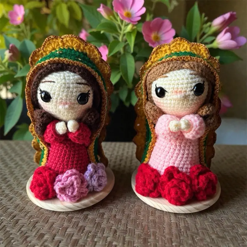 Handmade Crochet Virgen de Guadalupe Doll with Colorful Hood and Floral Accents