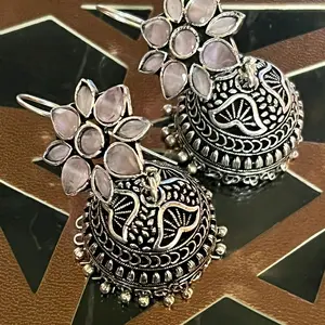 Greman silver jhumkas Baby Pink