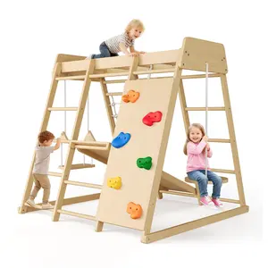 8-in-1 Wooden Indoor Playground Jungle Gym, Kids Climbing Playset with Slide, Swing, Monkey Bars & Climbing Net – Natural Design, Perfect Birthday Toy for Kids