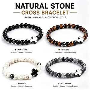Cross Bead Bracelets for Men and Women, Couple's Bead Bracelets, Natural Lava Stone Bracelets, Anxiety-Relief Stretch Bracelets—Stylish and Versatile Accessories