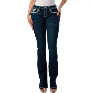 Grace in LA Women's Western Aztec Embellished Mid Rise Bootcut Jeans
