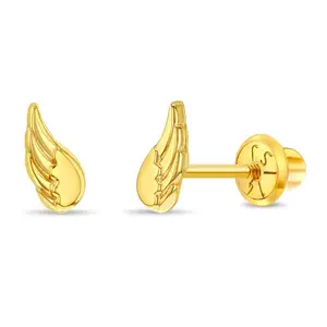 14k Gold Angel Wings Girls / Teen Earrings Safety Screw Back