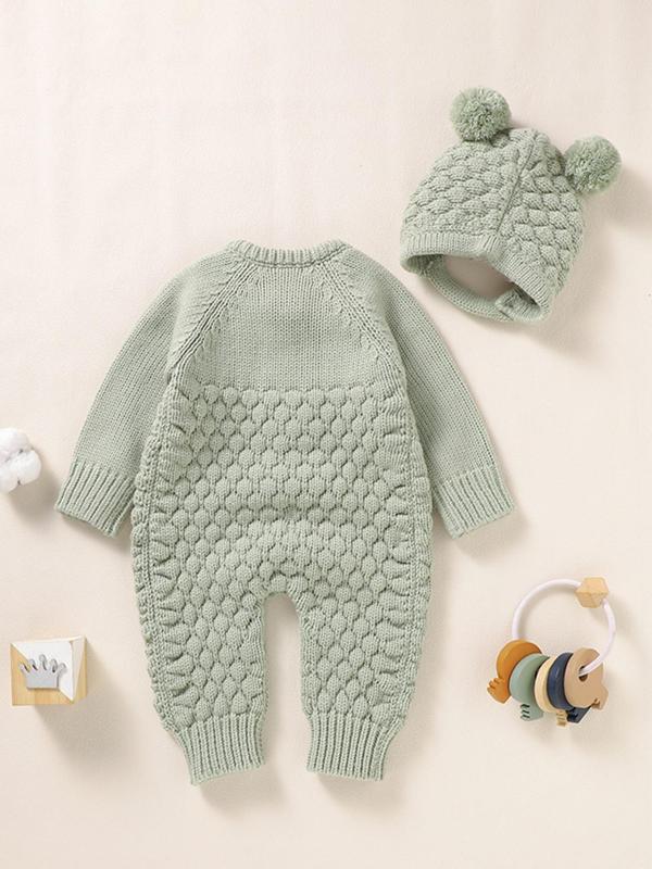 Baby's Button Front Sweater Jumpsuit & Pom Pom Decor Baby Bonnet & Bow Decor Mittens & Knit Baby Shoes Set, Cute Onesies Set for Newborn Infant Kids, Newborn Gift Set, Baby Clothing