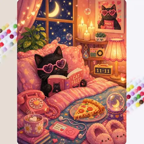 1Pc, 5D-DIY Diamond Painting Kit, Diamond Art, Crafts, Cat, Moon, Book, Mosaic Art, Full Drill, Round Drill, Dot Art Painting Kit, Decorative Painting, Perfect for Home Decoration and Creative Gifts