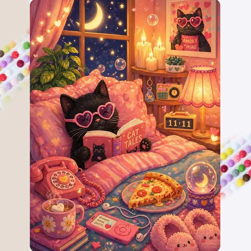 1Pc, 5D-DIY Diamond Painting Kit, Diamond Art, Crafts, Cat, Moon, Book, Mosaic Art, Full Drill, Round Drill, Dot Art Painting Kit, Decorative Painting, Perfect for Home Decoration and Creative Gifts