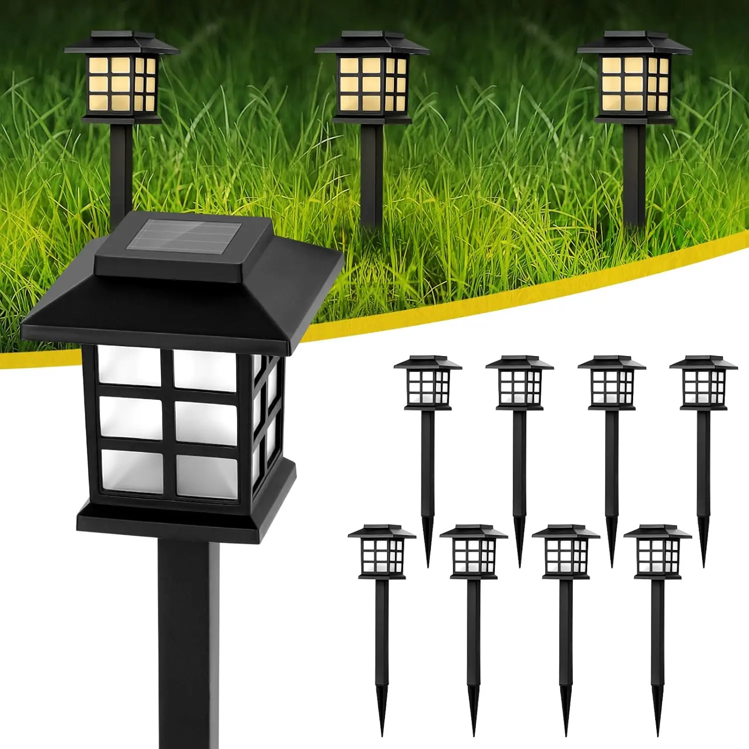 Backyard Dedicated 12 Pack White Solar Path Stake Decor with Pagoda Grid Window Outline, Waterproof ABS Shell & Frosted Delicate Glass, Sharp Spike Plug Base & Auto Dusk Dawn Switch for Yard, Patio, Driveway, Walkway, Garden Courtyard Landscaping Setup