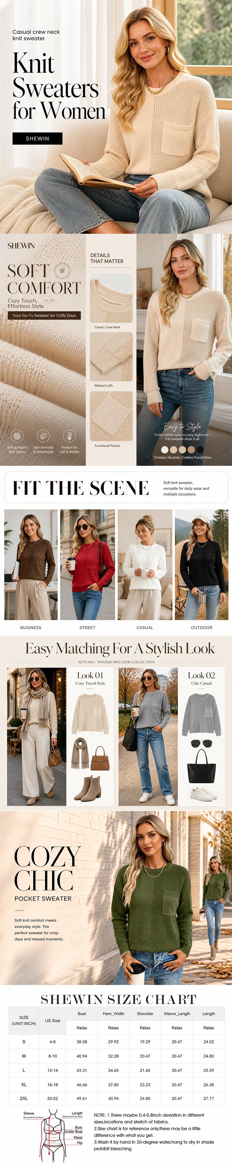 Shewin Women's Casual Knitted Pullover Sweater, Minimalist Long Sleeve Crewneck with Drop Shoulder and Patch Pocket, Cotton, Fabric, Ribbed, Knitwear,clothes for back to school,first day of school outfits