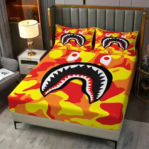 Fitted Sheet 3pcs Set: Vibrant Shark Head Fitted Sheet Set, 1 Fitted Sheet + 2 Pillowcases. Bold Camouflage Design with Energetic Colors, Perfect for Streetwear Lovers. Modern Aesthetic for Dorms & Bedrooms, All-season Comfort! No Filling.