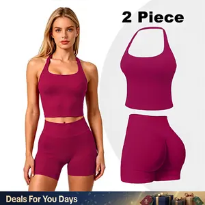 GYMER Seamless Halter Top & Butt Lifting Impact Shorts 2 Piece Workout Set | Scrunch Butt Gym Outfit for Women