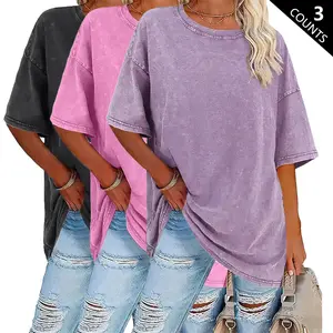3 Pack Vintage Washed 100% Cotton T-Shirts, Women's Casual Crew Neck Loose Fit Basic Tees, Soft Breathable Summer Tops