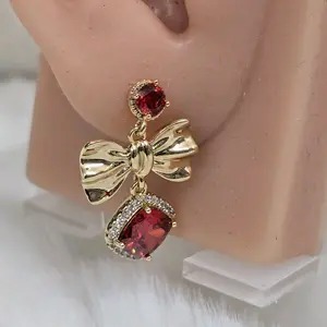 # 0185 Elegant Gold Bow Earrings with Red Rhinestones for Women Fashion Accessory