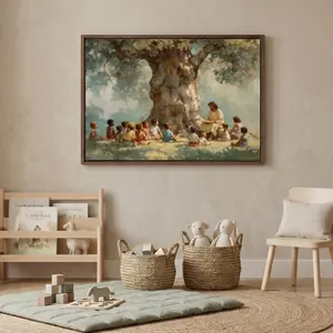 Jesus with Children Christian Wall Art, Framed Canvas Print, Faith Home Decor