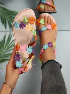 Boho Floral Open Toe Sandals, Ethnic Style Sandals, Bohemian Sandals, Summer Beach Flat Shoes, Women's Casual Footwear, Comfortable & Stylish, Rubber, Perfect for Vacations, Floral Design Sandals