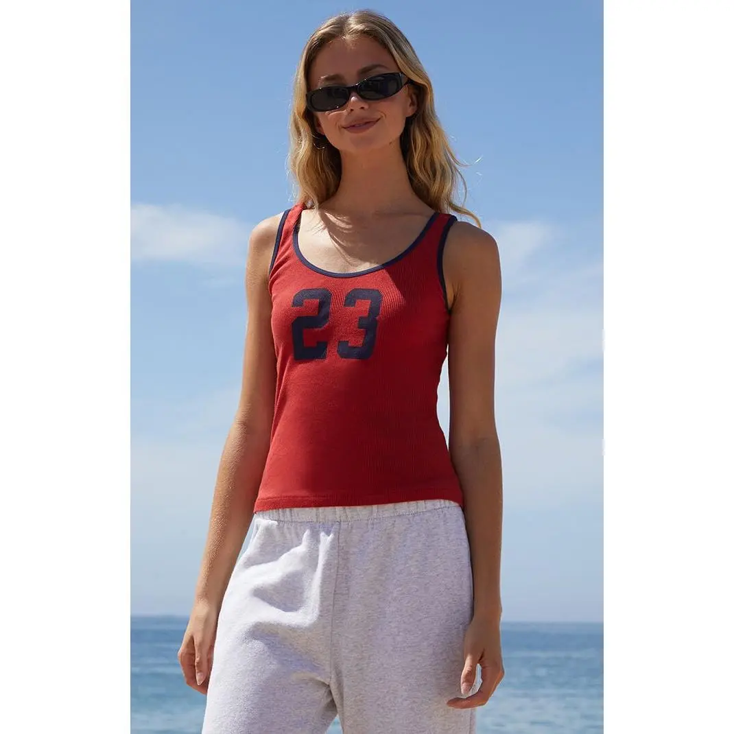 John Galt Women's Red 23 Ribbed Tank Top - Multicolor