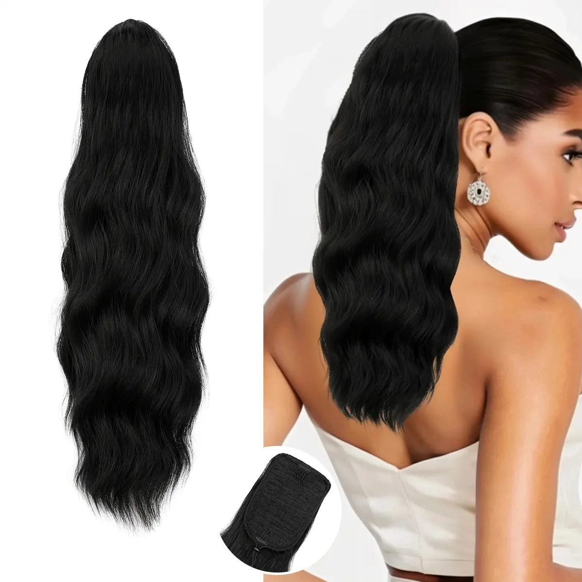 Cephemer 20 Inch Long Drawstring Ponytail Hairpieces Black Synthetic Long Water Wavy Clip in Pony tail Hair Extensions for Women Daily Party Black Friday & Christmas