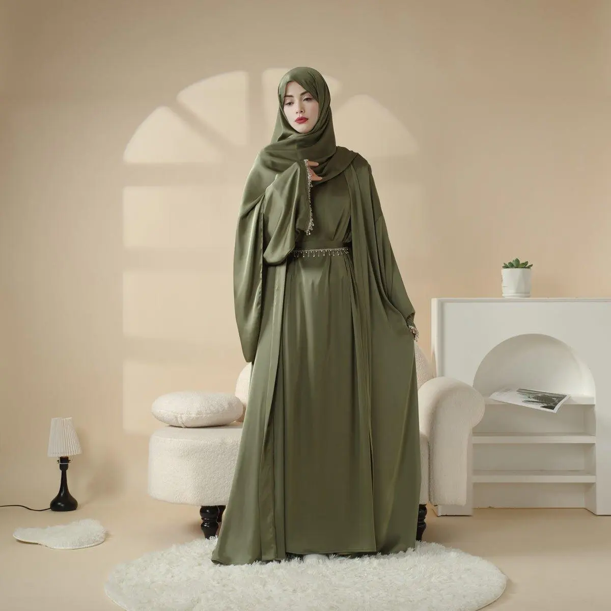 Modest Muslims Women Affordable Satin Tassel Abaya Set - Includes Abaya, Tassel, and hijab Headpiece for Versatile Wear  MOA010 Chic Abaya Beige