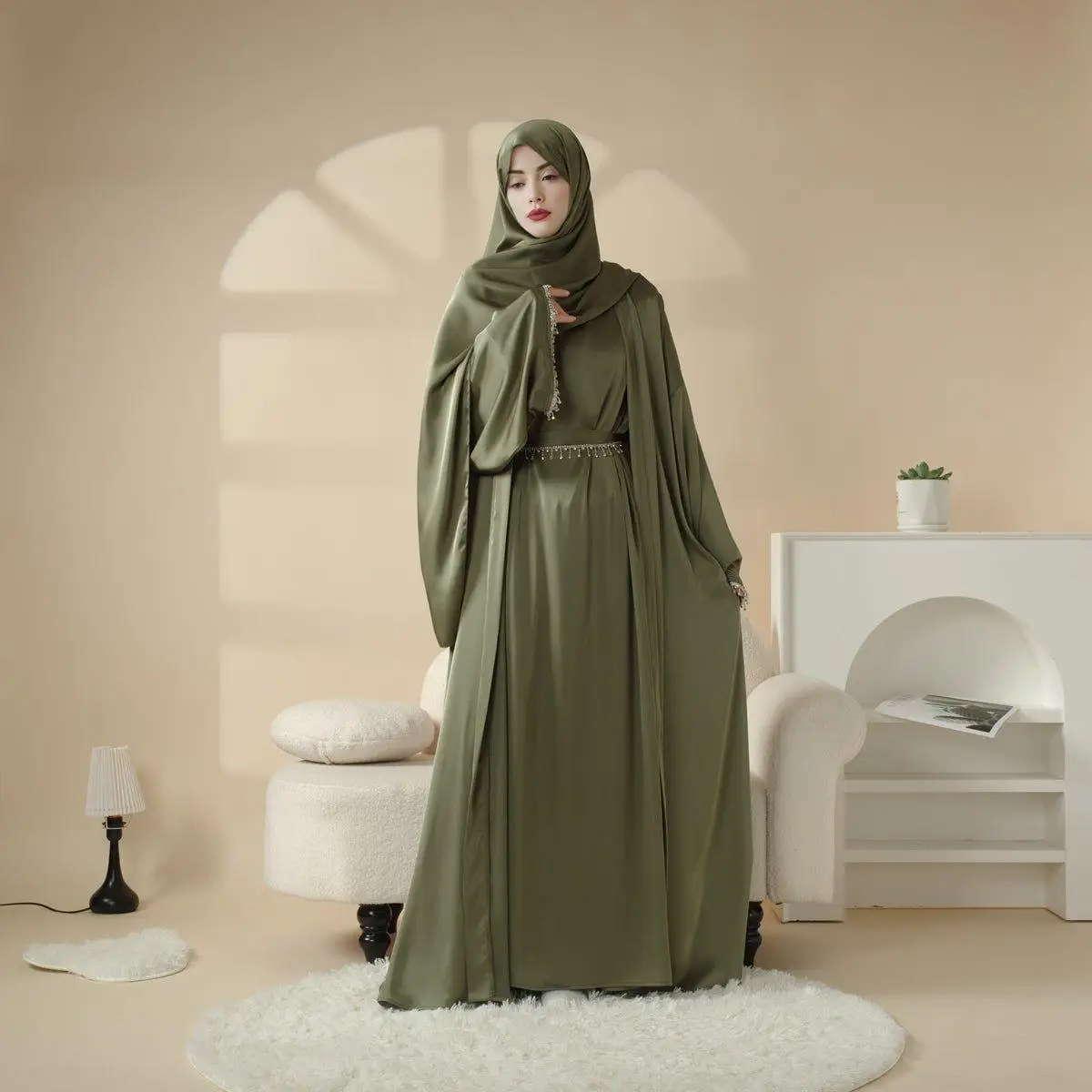 Modest Muslims Women Affordable Satin Tassel Abaya Set - Includes Abaya, Tassel, and hijab Headpiece for Versatile Wear MOA010 Chic Abaya Beige