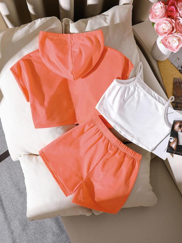 Girl's Letter Patched Crop Hoodie & Shorts & Cami Top Set, Casual Fashion Breathable Sporty Style Outfits for Daily Outdoor Wear, Kids Clothing for Summer, Kids Girls Clothing, Sporty Set, Sports Clothing Set, Sports Clothes