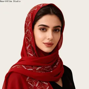 Elegant Red Chiffon Hijab with Sparkling Crystal Flower Pattern, Premium Soft Breathable Headscarf, Muslim Women Shawl for Eid, Wedding & Party Evening Look