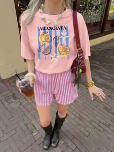fresh lemon Print Women's casual round neck pink striped simple suit, ladies short-sleeve top + striped shorts two-piece set