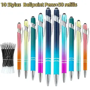 10 Set Multicolor Stylus Beadable Pen 50 Pen Refills 10 Ballpoint Pens Retractable Plastic Bling Pens Cool Shaft Beaded Pen Black Ink For Christmas Gifts