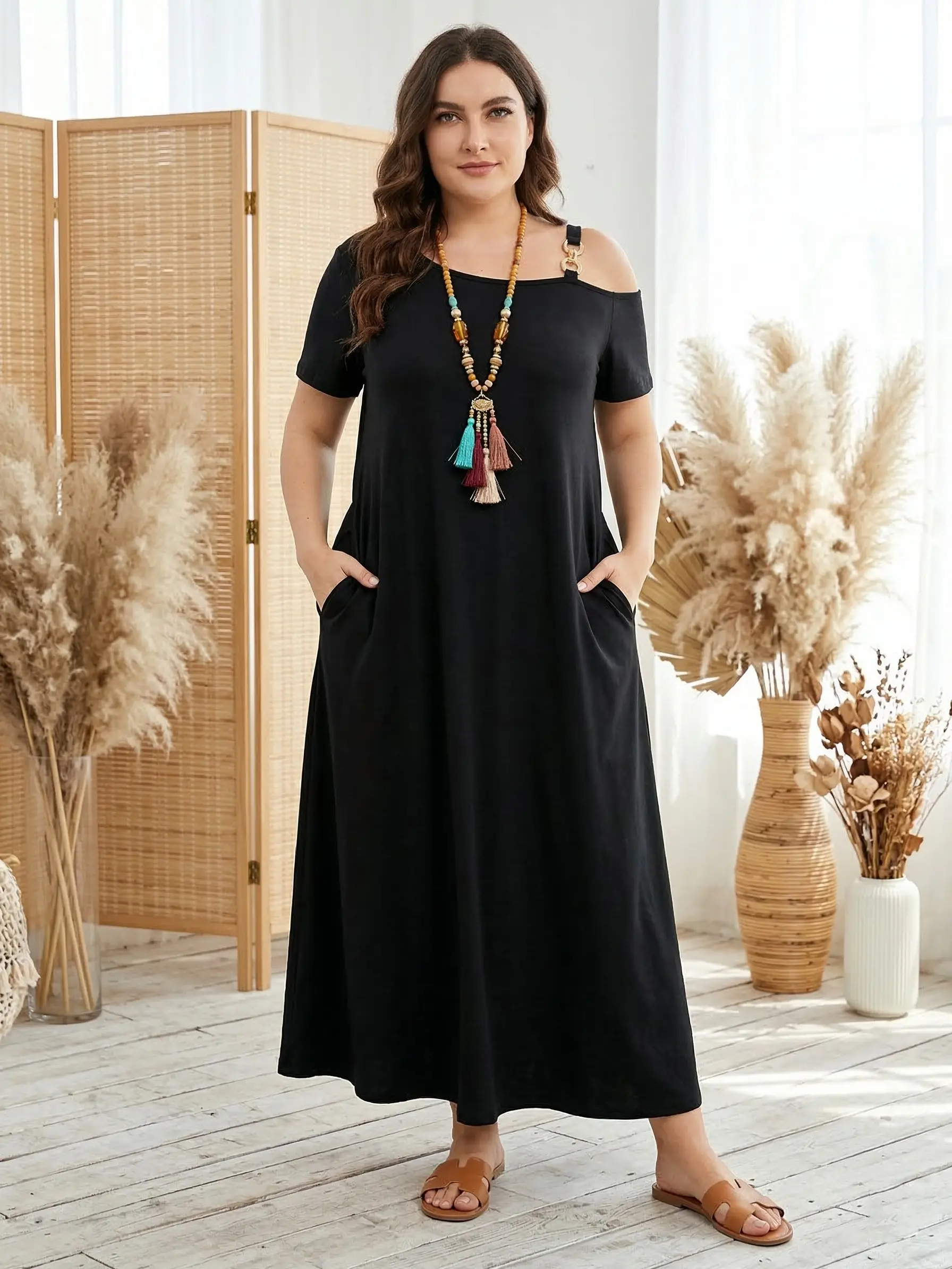 Elengatine Women Plus Size Maxi Dress, Casual Off Shoulder Short Sleeve  Long Dress with Pockets, Loose
