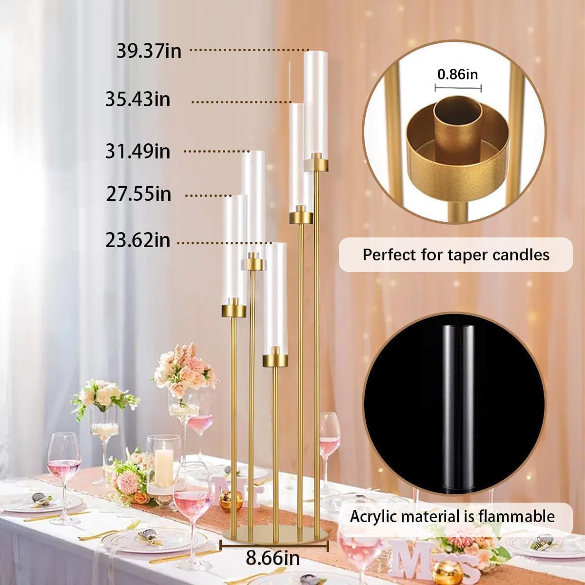 5 Arm Candelabra Centerpiece for Table,Floor Candle Holder with Acrylic Shade for Wedding 39.37" Tall Candle Holders for Party Anniversary Concert Reception Gifts candelabros para centros de mesa
