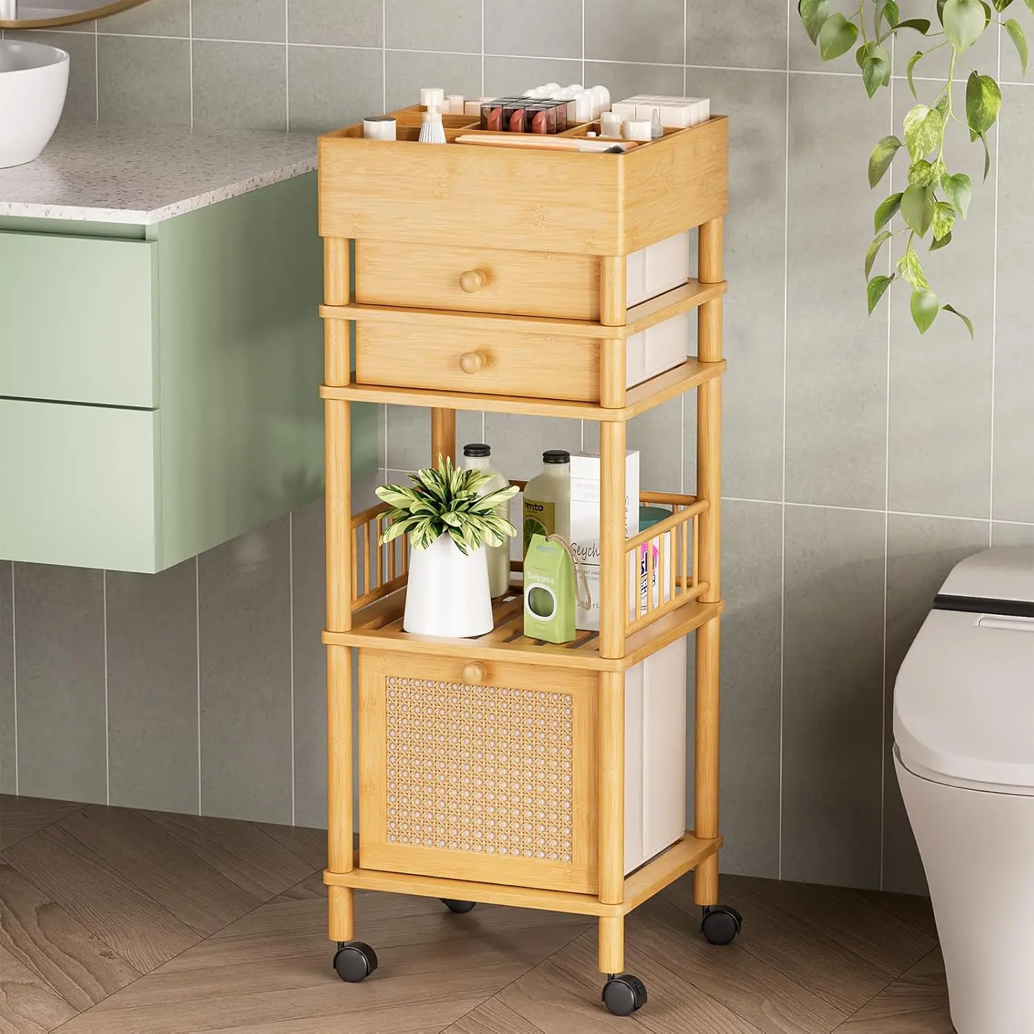 Amazer 3-Tier Adjustable Smooth Lightweight Bamboo Wood Makeup Organizer Cart - 3 Drawers, Rolling Vanity Racks, Natural Color, Multi-Functional Minimalist Modern Utility Cart for Cosmetics, Bathroom, Bedroom Storage, Multi-Functionality Utility Carts