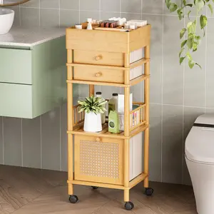 Amazer 3-Tier Adjustable Smooth Lightweight Bamboo Wood Makeup Organizer Cart - 3 Drawers, Rolling Vanity Racks, Natural Color, Multi-Functional Minimalist Modern Utility Cart for Cosmetics, Bathroom, Bedroom Storage, Multi-Functionality Utility Carts