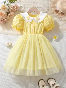 Girls' Round Neck Front Button Bubble Sleeve Princess Dress, Mesh Casual Party Gown, Elegant Daily Wear, Collared Dress, Perfect Gift Idea