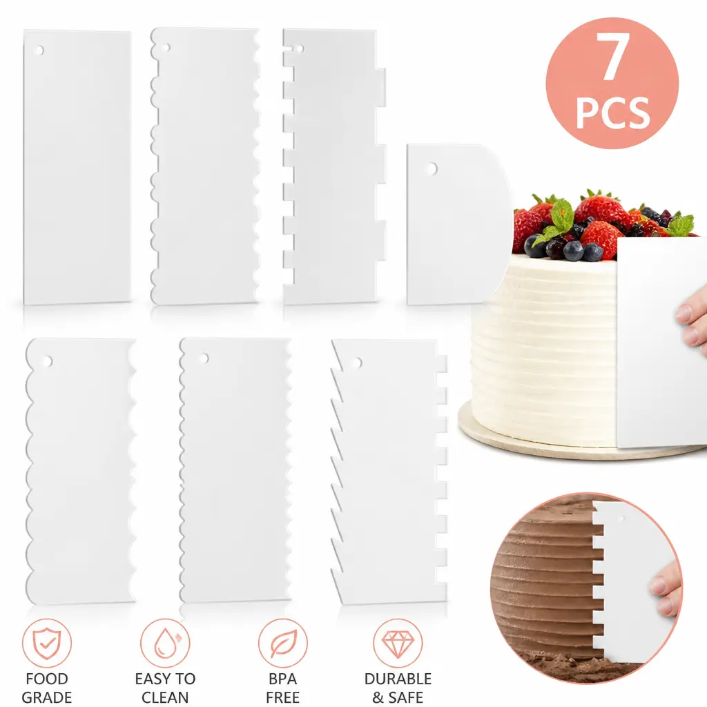 7-Piece Clear Acrylic Cake Scraper Set – 9.5 Inch Icing Smoother & Frosting Comb, Cake Edger & Contour Comb for Mousse, Buttercream, Cake Decoration