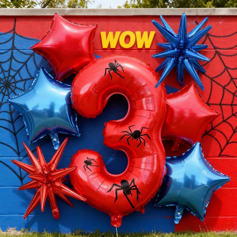 Spider Theme 32 Inch Number Aluminum Balloon with Stickers & Star Balloons, Balloon Party Supplies, Ideal for NewYear, Birthdays, Superheroes, Festivals