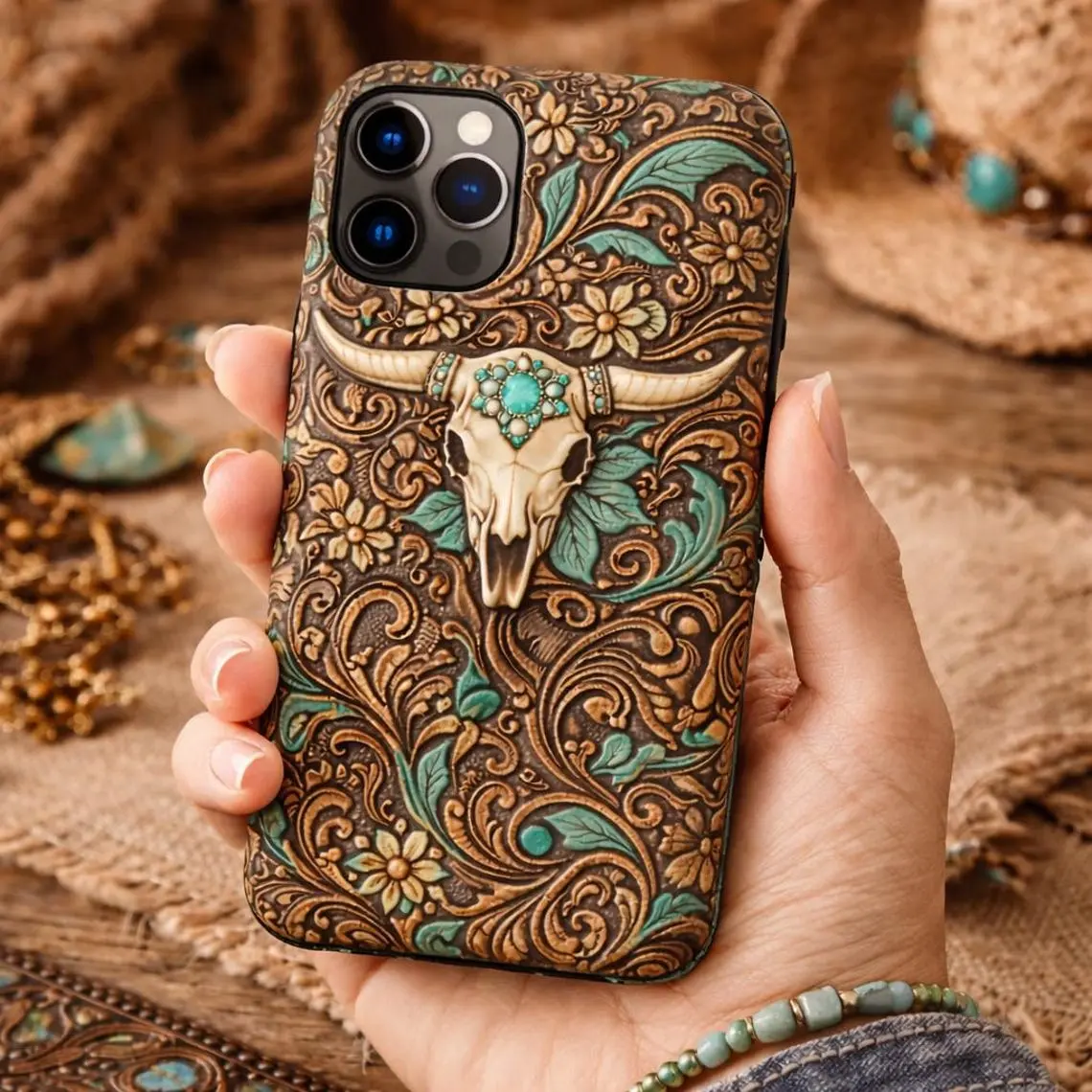 2D PRINT Long Horn Bull Skull Western Cowgirl Floral Phone Case, Polycarbonate Turquoise Tooled Leather Print Style Cover for Iphone 17 16 15 14 13 Pro