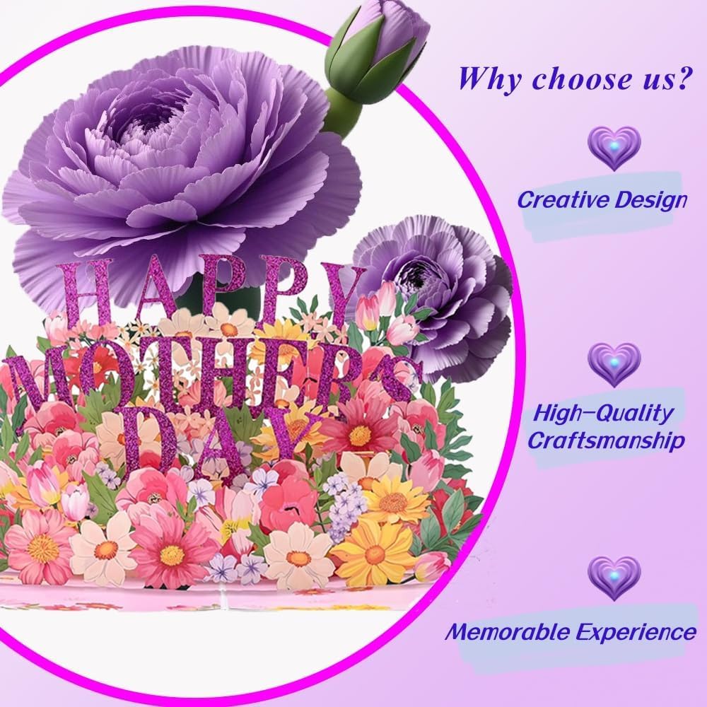 Mother's Day Card - 3D Floral Greeting Card with Heartfelt Message,Mothers Day Gifts, Elegant Handcrafted Design, Mother's Day Gift for Mom, Wife, Grandma - Premium Quality Paper & Envelope Included