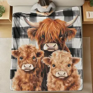 Highland Cow Print Soft Checkered Flannel Blanket All Season Throw Home Office Travel Napping Bedtime Western Farmhouse Aesthetic Cozy Room Decor Rustic Animal Bedding Wrap