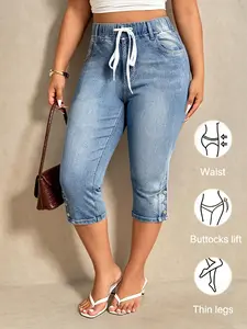 Plus Size Elastic-Waist Adjustable Drawstring Capri Jeans Casual Button-Detail Slim Fit Denim Pants, Y2K Clothes Summer Daily Wear, Trendy Shaping Bottoms, Comfortable Relaxed Fit Casual Ensembles, Stylish Washed Detail Party Casual Wear